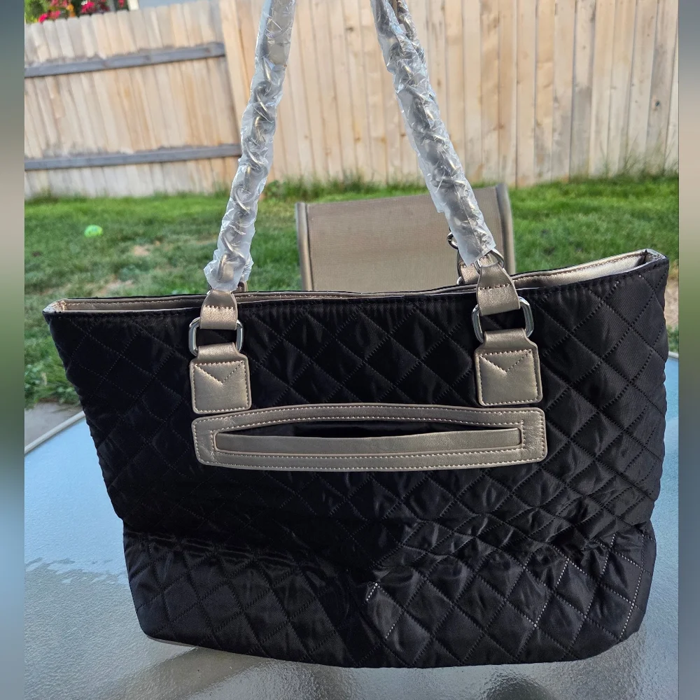 Joy Mangano Paris Chic Quilted Tote Bag Black/Silver NEW